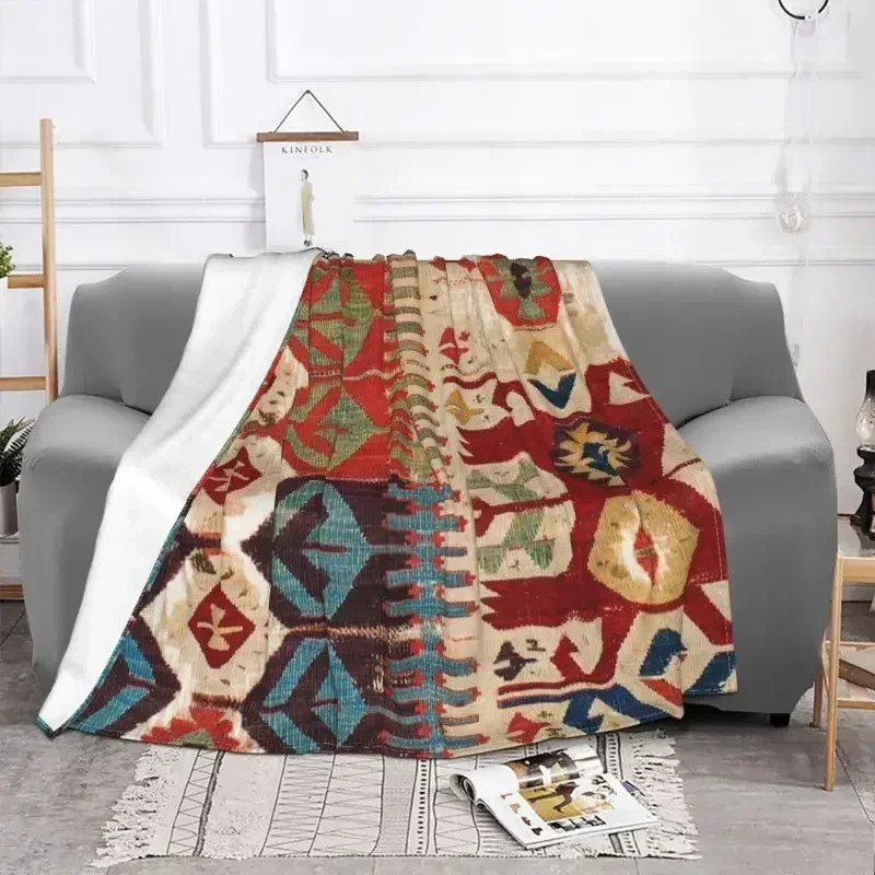 Aksaray Tribal Antique Turkish Kilim Print Blanket Soft Fleece Spring Flannel Carpet Bohemian Ethnic Art Throw Blanket Bedspread