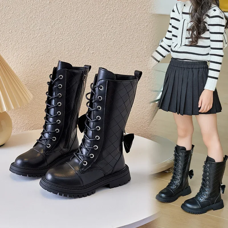 Girls Long Boots with Bow-knot Children Pearls Elegant High Boots Children Princess Boots Solid Color Round-toe Non-slip Soft