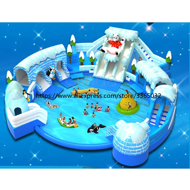 Commercial Outdoor Giant Inflatable Land Water Park, Inflatable Water Slide With Pool