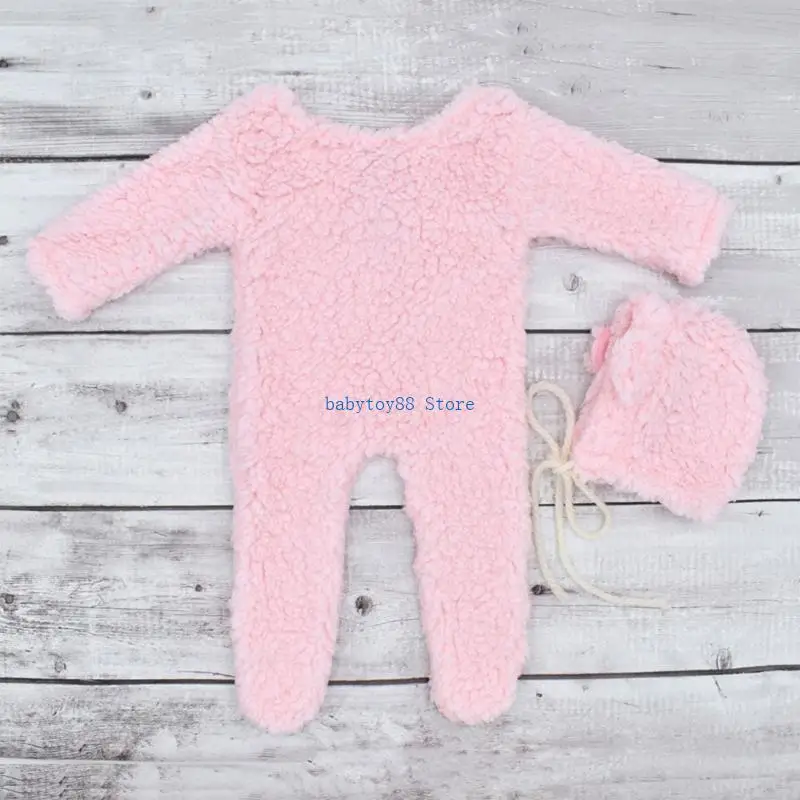 Y4UD Infant Photography Props Berber Fleece Beanie Hat Jumpsuit Photostudio Posing Wear Baby Romper Newborn Shower Gift 2PCS