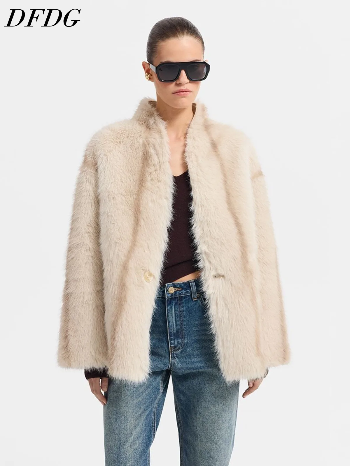 DFDG Women Faux Fur Mid Length Coat V Neck Single Button Loose Fit Fluffy Plush Winter Outerwear For Casual Outfit Fur Coat