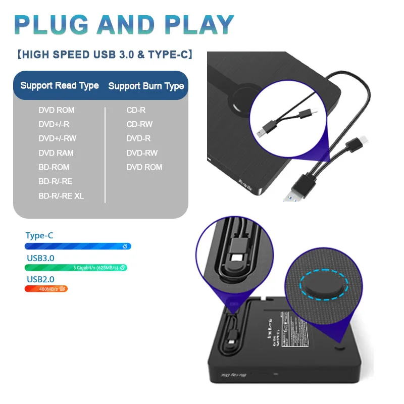 DVD Drive eksternal Blu-ray USB 3.0, portabel 3D BD Kombo pembaca pemutar DVD CD untuk Laptop PC Windows 11 Mac