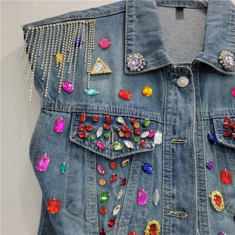 ANJY صيف جديد إمرأة خمر أنيق مطرز الماس أكمام بدوره إلى أسفل طوق واحدة الصدر جيب الدنيم فستان قصير A7767