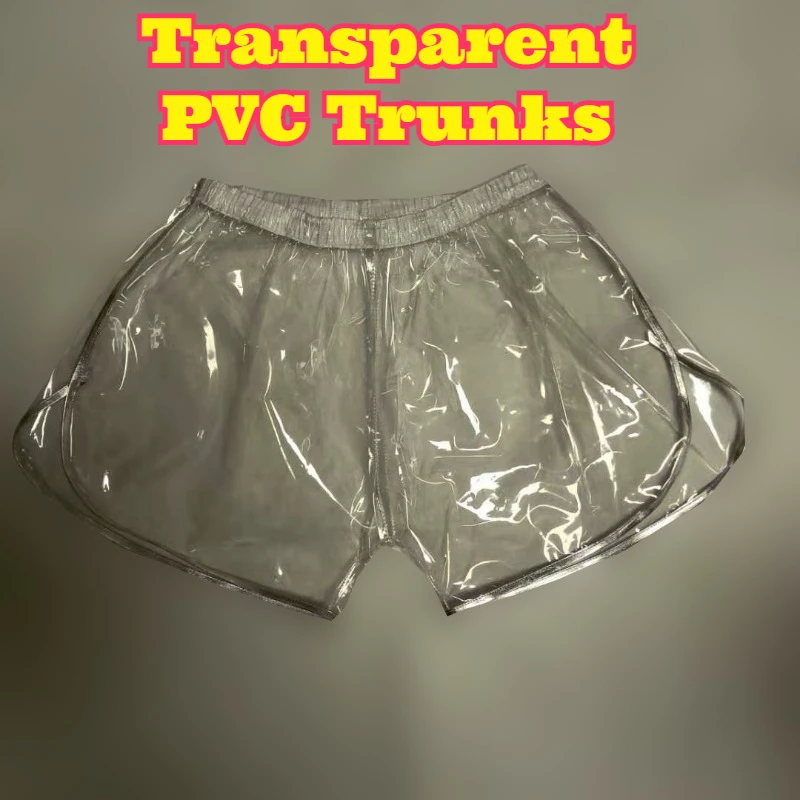 Full Transparent PVC Trunks Silver Leather Trim Round Corner Plastic Film Underwear Boxer Briefs Spring Summer Casual Intimate
