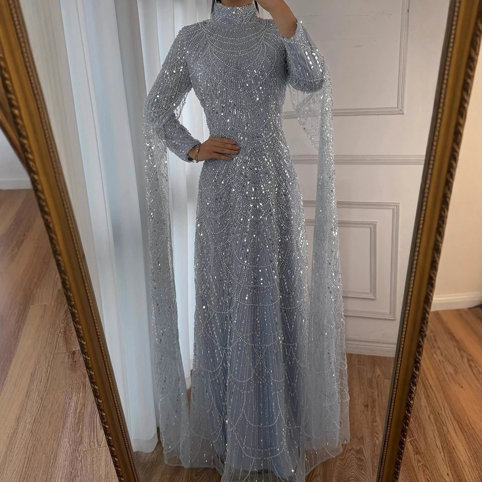 Serene Hill 2025 Muslim Nude Mermaid Cape Sleeves Luxury Evening Gown  Pearls Beaded Dress for Women's Party Customize BLA72591 - AliExpress 320