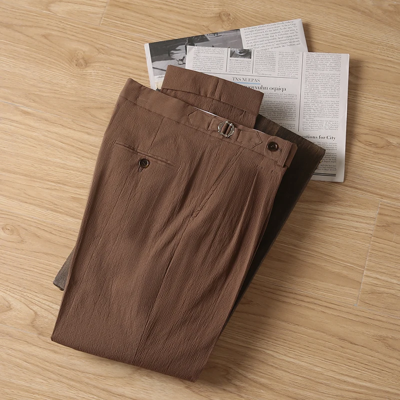 

Spring Summer Casual Sle Pure Cotton Bubble Cloth High Waist Straight Leg Pants Anti-crease Breathable Busin Gentleman