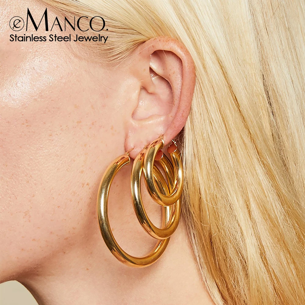 eManco Stainless Steel Earring Buckles Women Fashion Gold Color Large Circle Hoop Earrings Jewelry Accessories 24/30/50MM