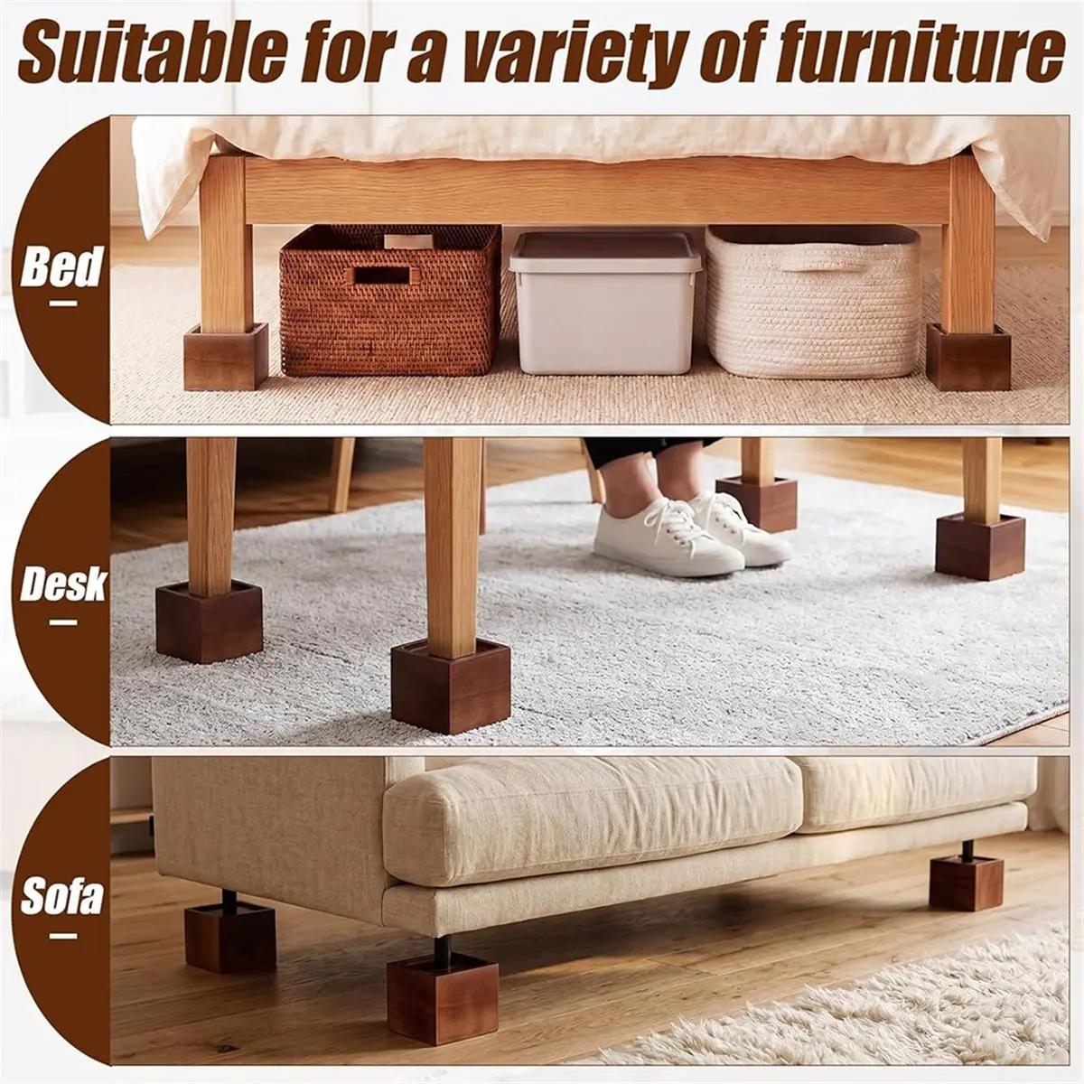 3 Inch Solid Wood Bed Furniture Risers Set of 4, Vintage Brown Heavy Duty Couch Lifters for Bed, Sofa, Chair, Table