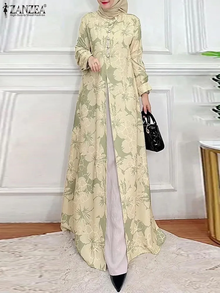 ZANZEA vestido largo con estampado Floral para mujer, Túnica Abaya musulmana, Hijab de Ramadán, vestido de verano de retazos de manga larga a la moda