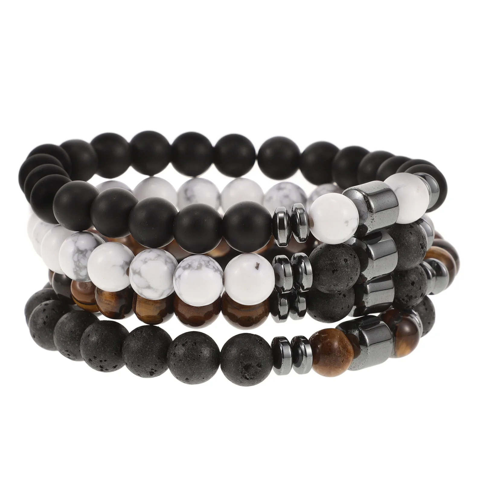 

4 pcs Natural Stone Bracelet 8Mm Beaded Stretch Wristband Lava Rock Gemstone Yoga Bangle Men Women Gift For Couples Valentines