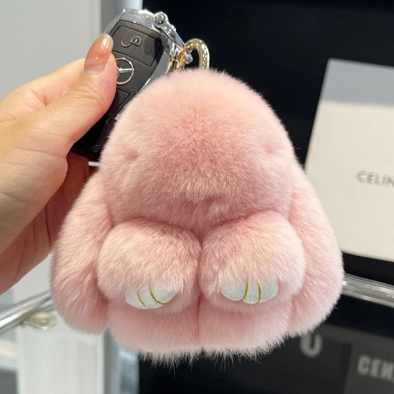 Mini Cute Real Rex Rabbit Fur Bunny Keychain Toy Doll Keyring Tote Bag Charm 10CM Fur Rabbit Keychain Car Pendant