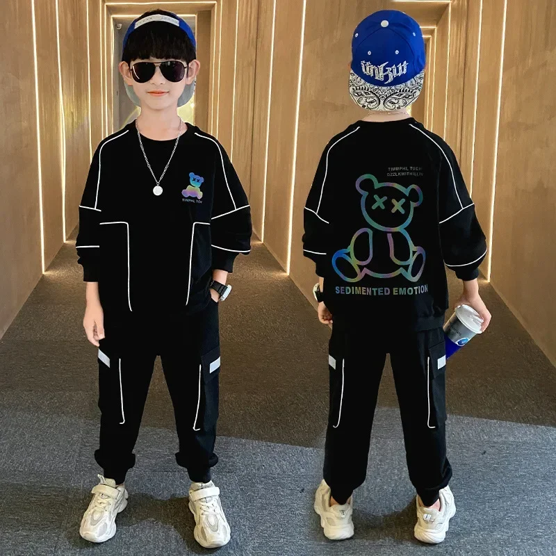 Boys Sweatsuit Set 2 Piece Sweater and Jogger Sweatpants Outfits Children Reflective Bear Pullover & Pants Suits Kids Loungewear