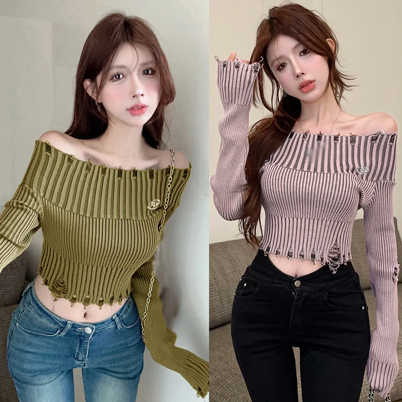 Women\'s Sweater Solid Colour Spring Autumn Off Shoulder Hole fashion Slim Sexy Expose Navel Knitted Long Sleeves Pullover