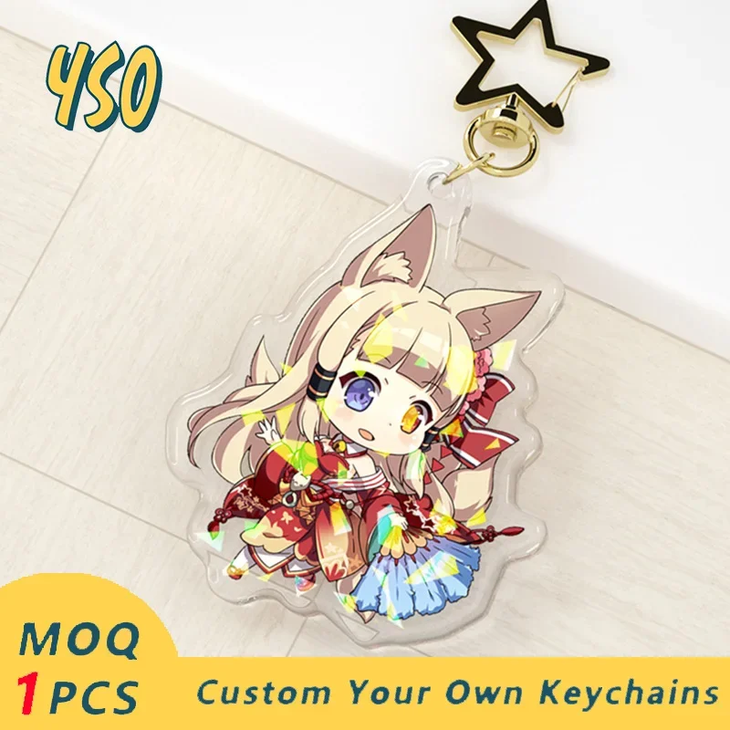 YSO Fashion Anime Custom Holographic Epoxy Cartoon Clear Acrylic Photo Customized Anime Charms Hologram Personalized Keychains