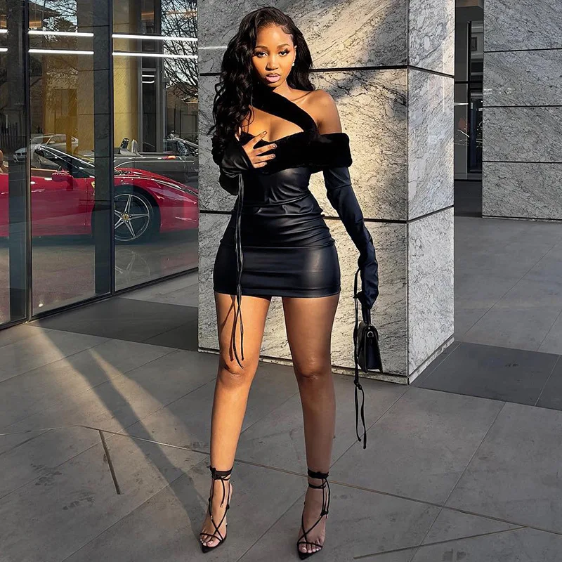 

Летнее женское сексуальное платье из искусственной кожи с открытыми плечами и длинными рукавами для вечеринок и ночных клубов, большие размеры 9XL 8XL 7XL 6XL XXXXL