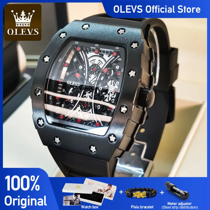 OLEVS Men\'s Watches Top Brand Original Quartz Wristwatch Fashion Barrel Shaped Dial Waterproof Luminous Rubber Strap Watch