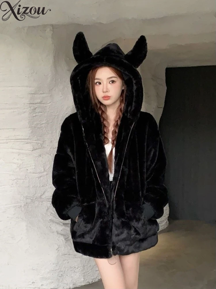 Plush Coat Women Autumn Winter Little Devil Ear Warm Loose Hooded Zipper Lolita Black Japanese Solid Color Tail Y2k 2025