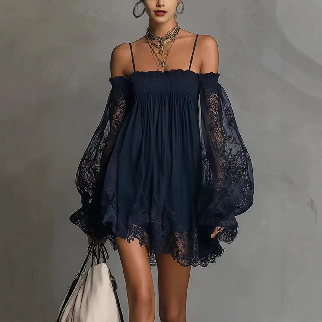 Lace Patchwork Camisole Off Shoulder See Through Long Sleeved Solid Color Dress Women's One Shoulder Sexy Formal Versatile Dress
