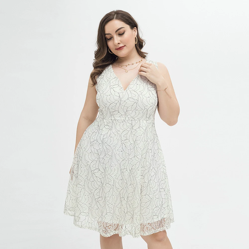 2022 Summer Plus Size Dresses For Women White Sleeveless Tank Dress Casual Loose Large Size Midi Dress Elegant Lace Dresses Lady