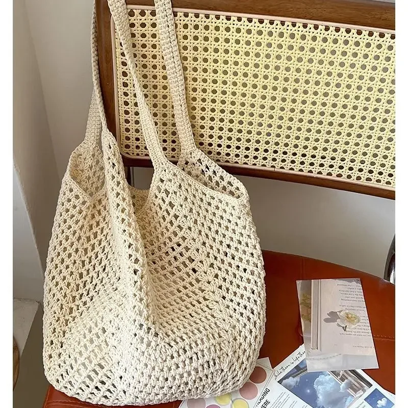 

Summer Hollow Out Female Straw Beach Tote Bag Vacation Portable Handbags Large Capacity Women's Cotton Thread Woven Shoulder Bag