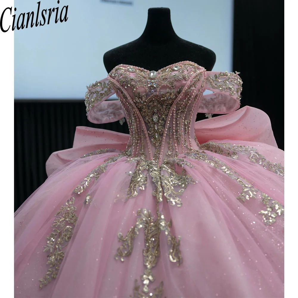 

Розовое бальное платье из тюля, платья Quinceanera с бантом, кружевные аппликации, мексиканские милые платья 16, Vestidos De 15 Años