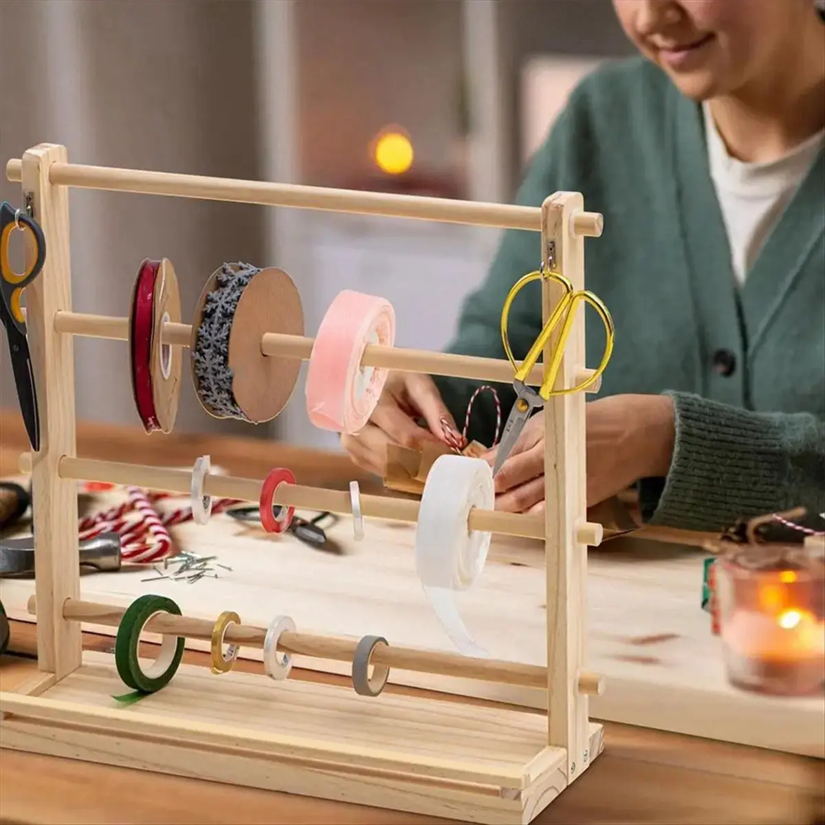 

Y69A 4 Tiers Wooden Ribbon Rack Ribbon Spool Holder Storage Display Shelf Craft Ribbon Stand for Craft Room Ribbon Organizer