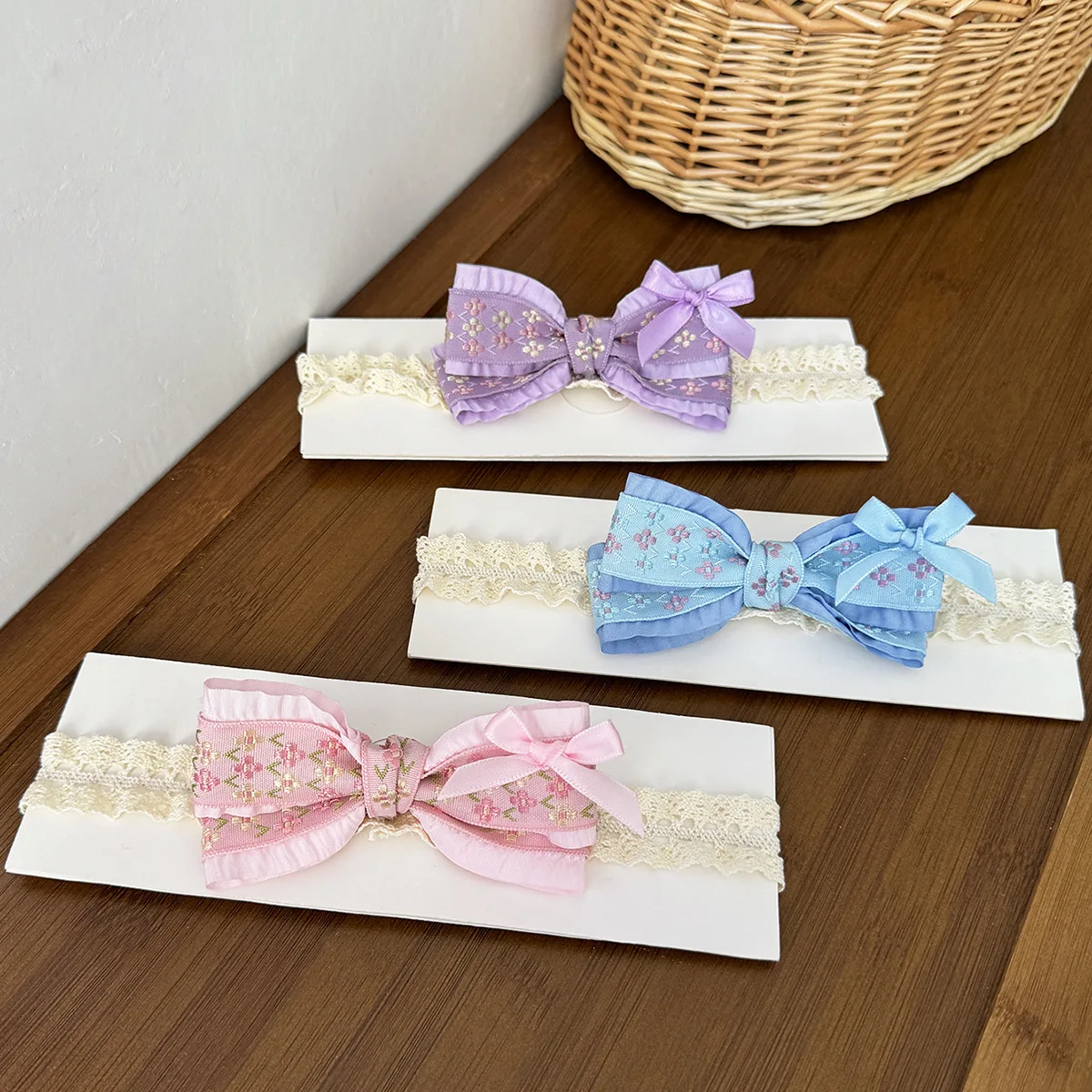 

3pcs/set Chiffon Bow Headband Chidlren French Kids Hair Accessories Baby Girls Headwear Embroidered Lace Bow Newborn Hairband