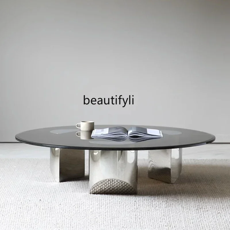 

Italian Minimalist Living Room Designer round Stainless Steel Tempered Glass Small Apartment Coffee Shop Coffee Table
