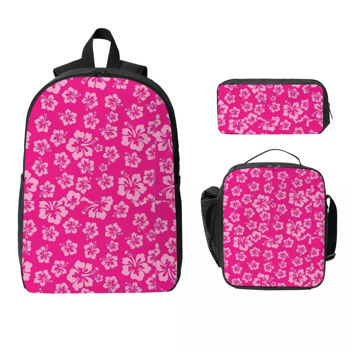 Tropical Hot Pink Hibiscus Flower Floral Pattern Hawaiian Print Backpack BookBag School Bag 3ps Insulated Lunch Bag Pencil Case