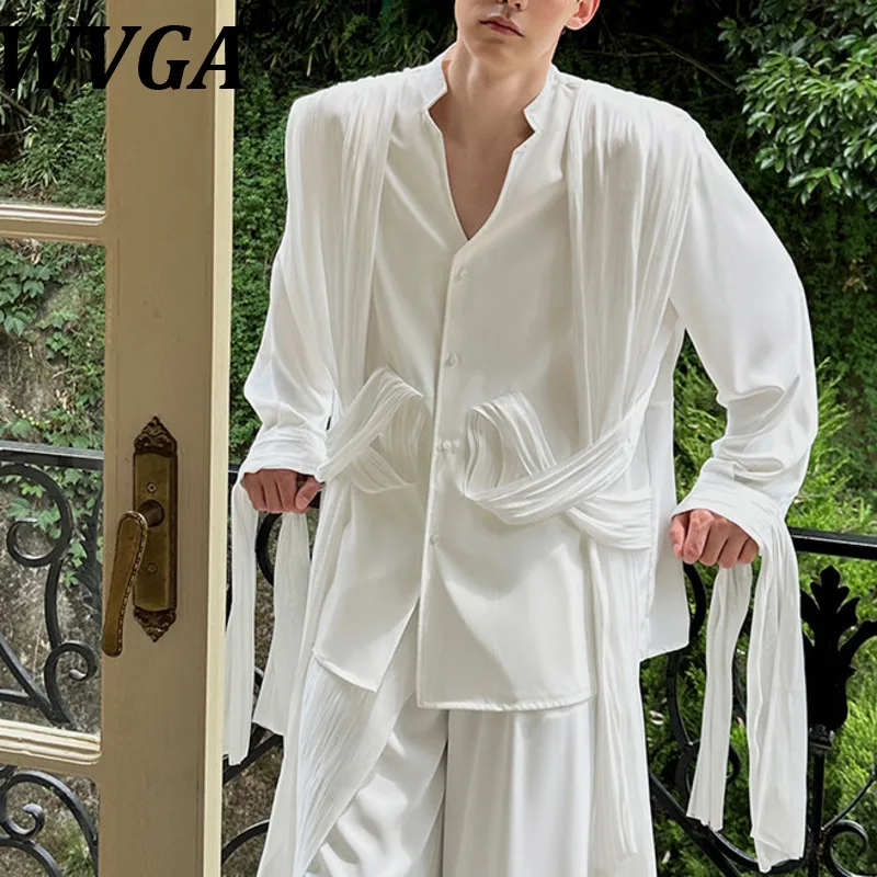 

WVGA WVGA Spring Summer New Men Tide High-End Satin Ribbon Trendy Shirt Niche Chic Casual Long Sleeve Collarless Tops Ins W18125