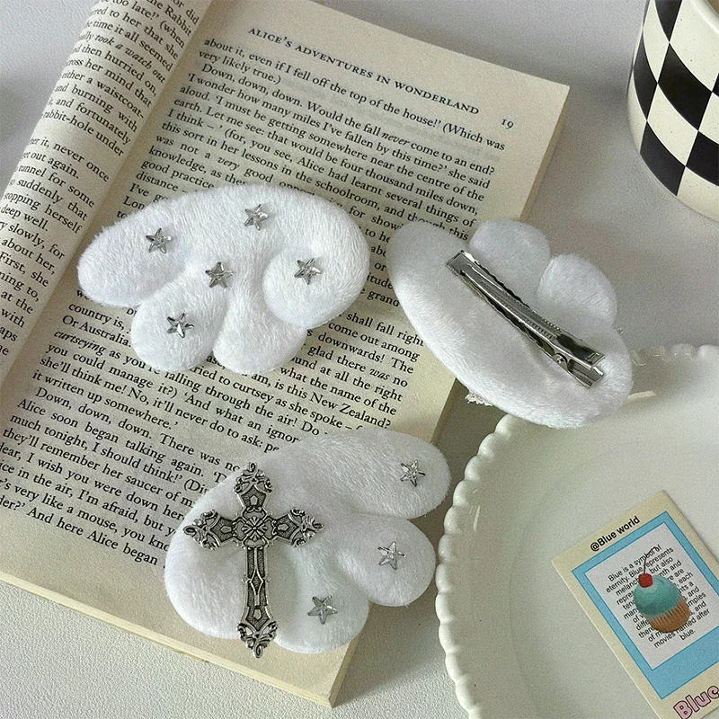 Cute White Angel Wings Gothic Cross Hair Clip Subculture Y2k Hairpin Headwear Hair Accessory