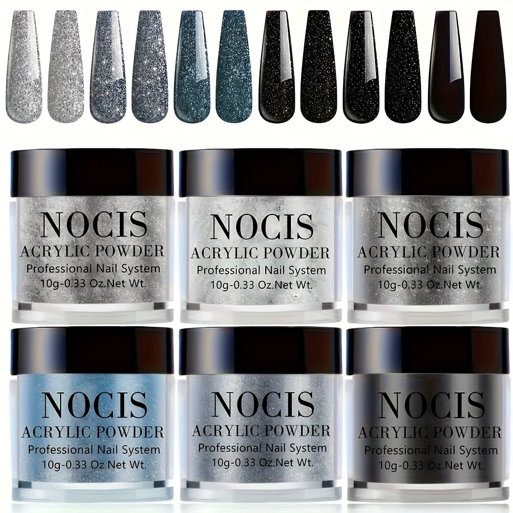 

6 Colors Acrylic Nail Powder Kit - Sage Green, Mist Blue, Light Grey, Dark Olive, Matcha Avocado & 3D Glitter-like Powder