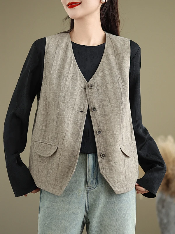 

Retro l Casual Pure Color Hemp V-ne Jaet Women's Slimming Vest Comfortable Fit Button Detail Regular Length