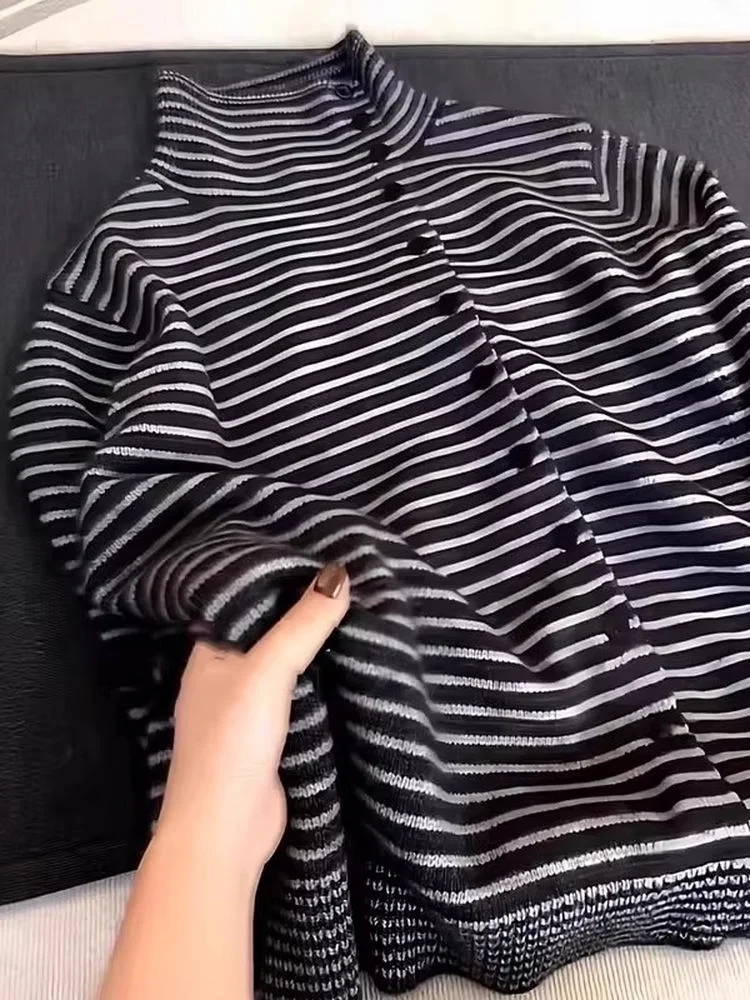 Emagrecimento listrado malhas f gola alta roupa interior feminina outono inverno plus size esconder carne topo coreano sle solto ajuste