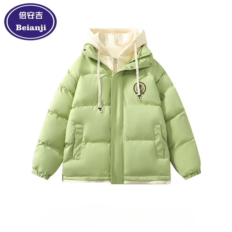 Beianji men's quilted jacket European and American letters printed hooded winter warm fake two down jacket