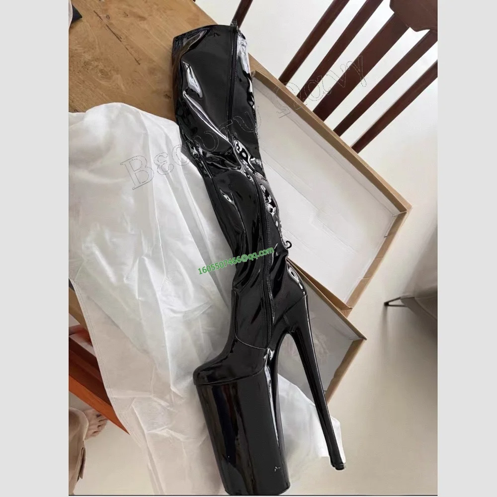 

Black Spike Heel Patent Leather Boots Supper High Heel Thigh High High Heel Shoes Solid Sexy Women Shoes New Zapatos Para Mujere