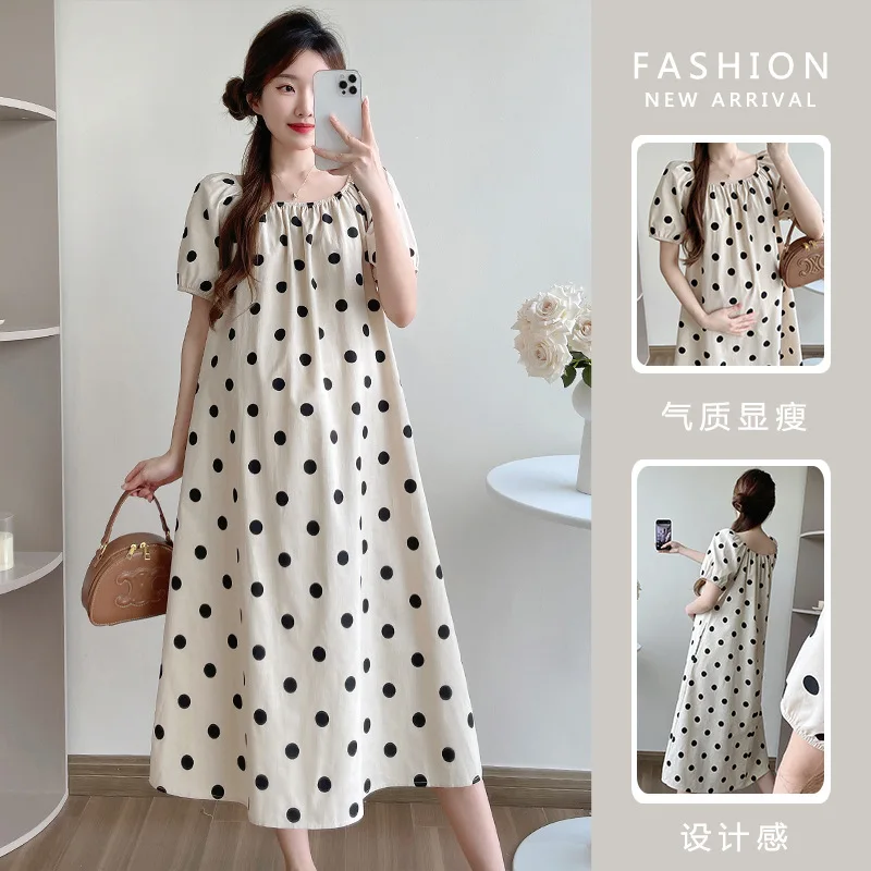 Pregnant Women's Long Dress Summer New Wave Dot Cotton and Linen Square Collar dress Original Pocket Long Dress