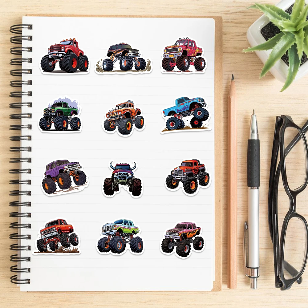 50pcs Cartoon Monster Truck Stickers Cute Vinyl Decals For Luggage Laptop Water Bottle Guitar Phone Waterproof Graffiti