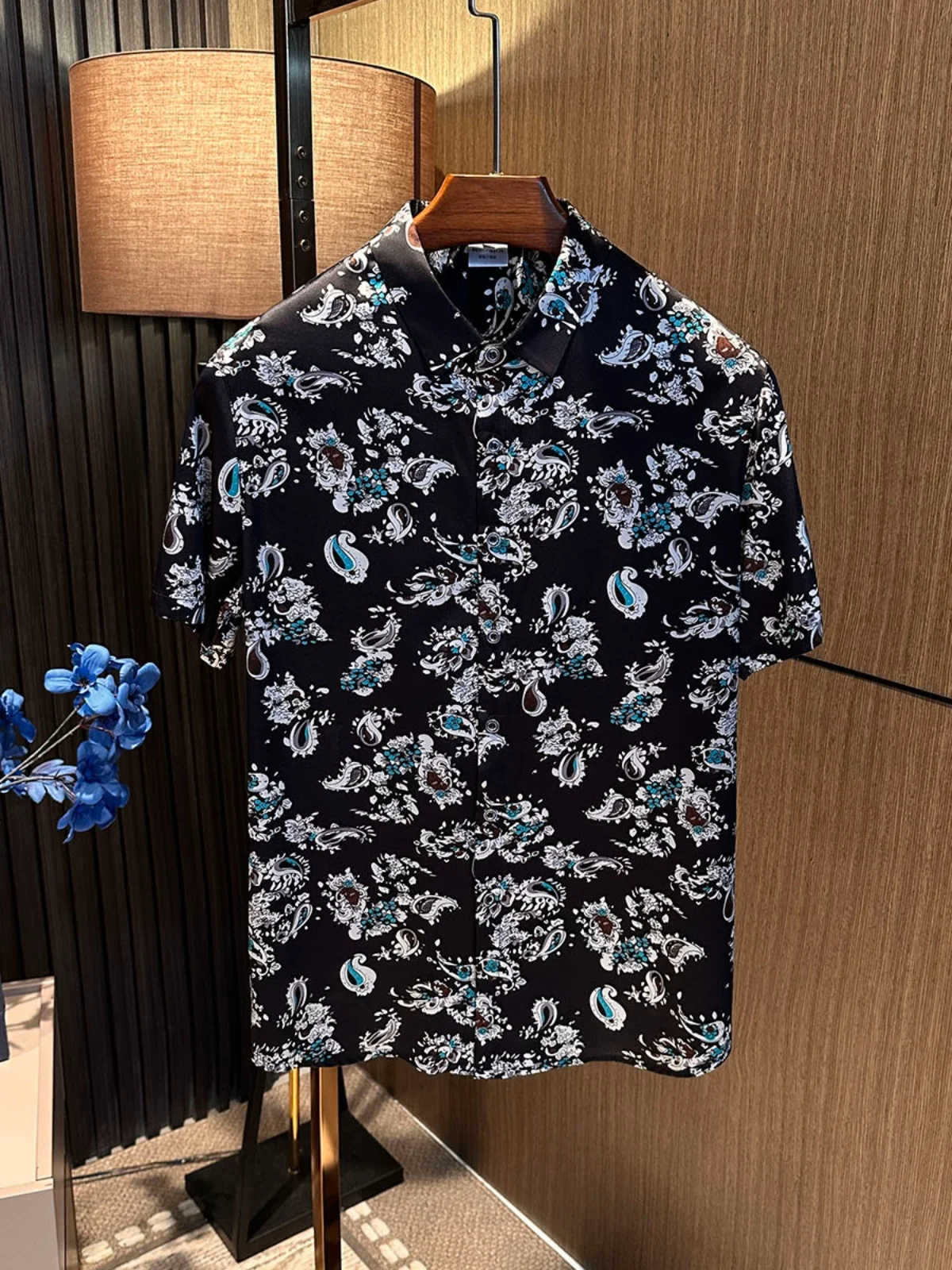 

New Chinese Sle Silk irt for Men Printed Walnut Flower ort Sve High Quali True Silk Breathable Summer Faion Urban