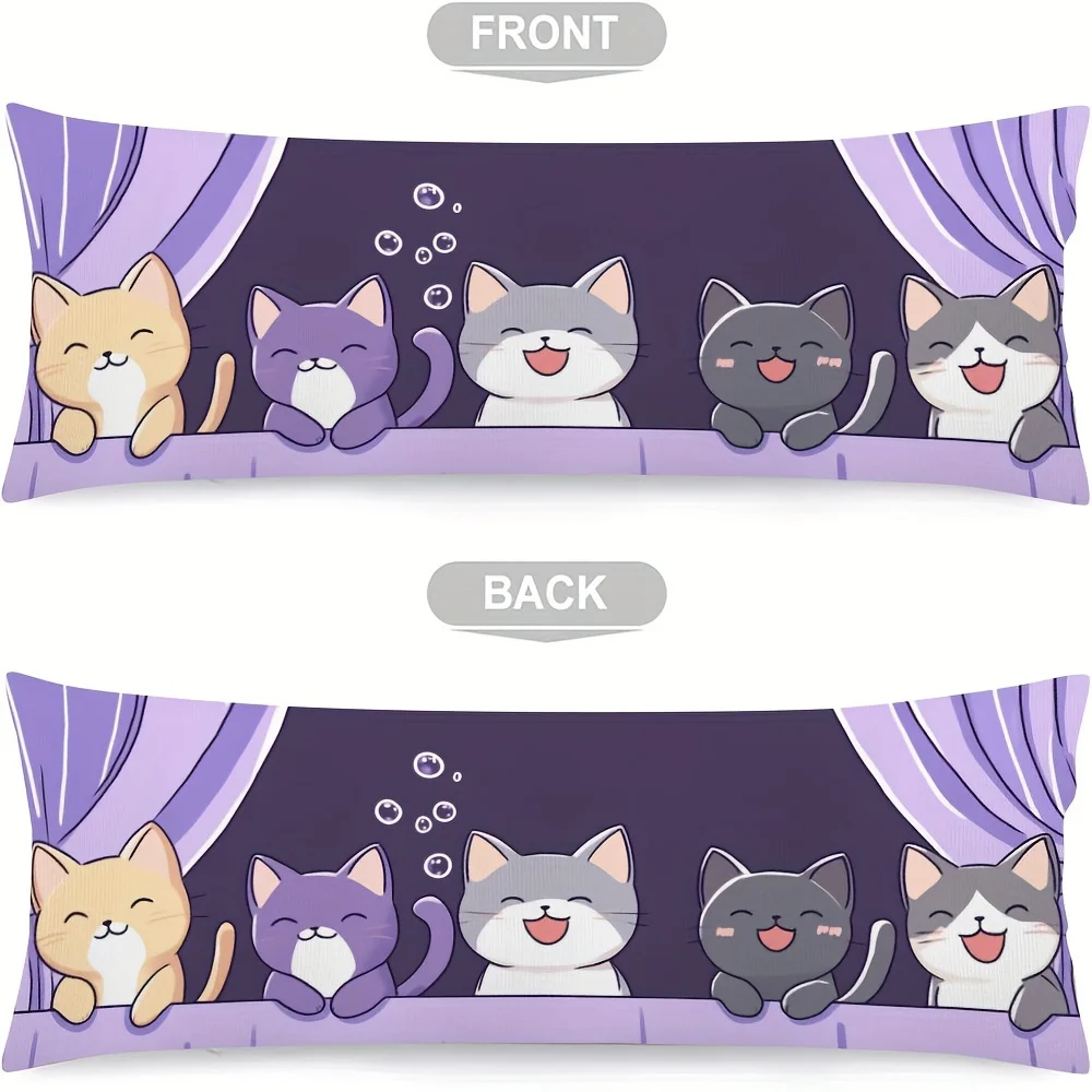 Cartoon Cats Body Pillowcase, Polyester Long Cushion Cover for Adults, Decorative Kitty Design, Zippered for Easy Care