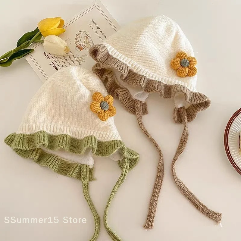 【R】Autumn Winter Ear Protection Baby Hat Warm Windproof Knitted Kids Lacing Cap Infant Boy Girls Beanie Bonnet Enfant