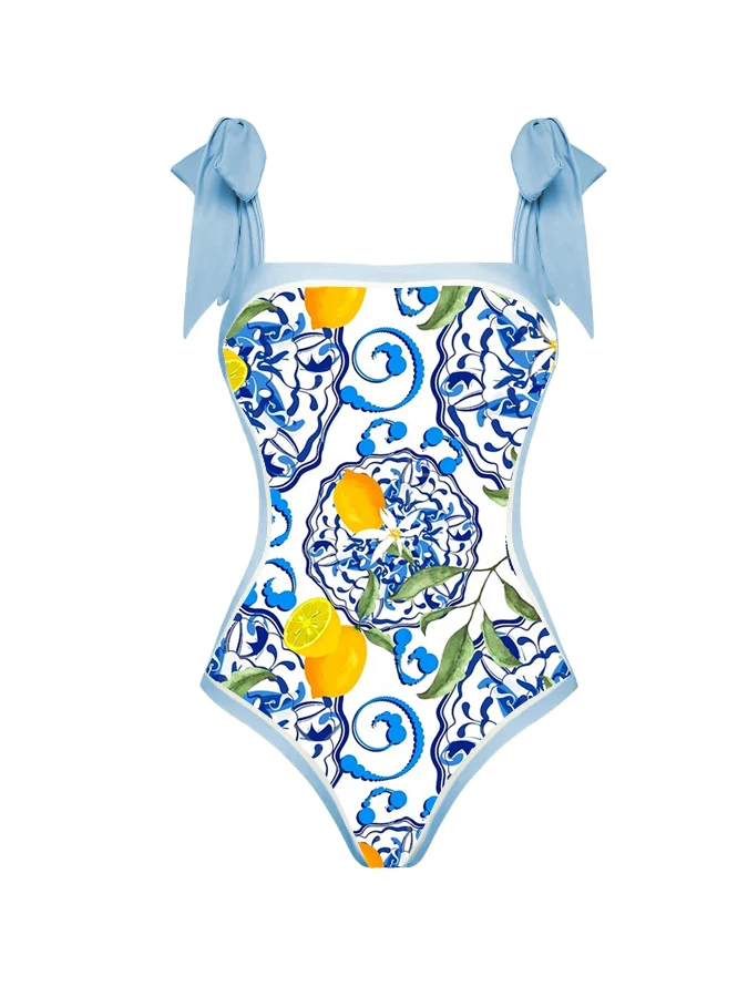 In 2024 The New Female Blue Printing Design Tight Fresh Lemon Fruit Mediterranean Bind One-piece Swimming Suit And Cover  Up