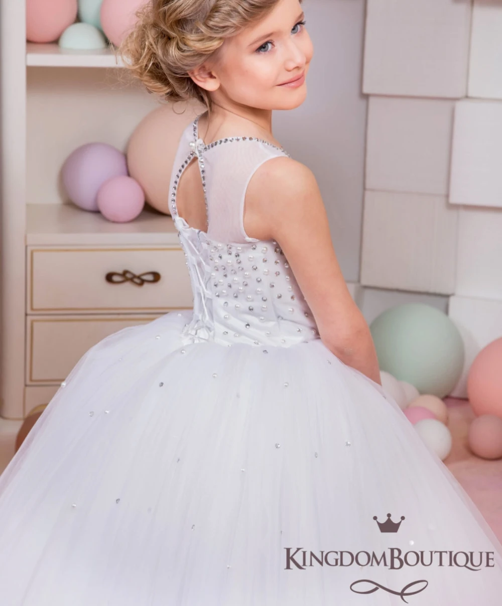 Lorencia-vestidos blancos de flores para niña, vestido de primera comunión con cuentas de lentejuelas brillantes, vestido de desfile YFD61, 2023