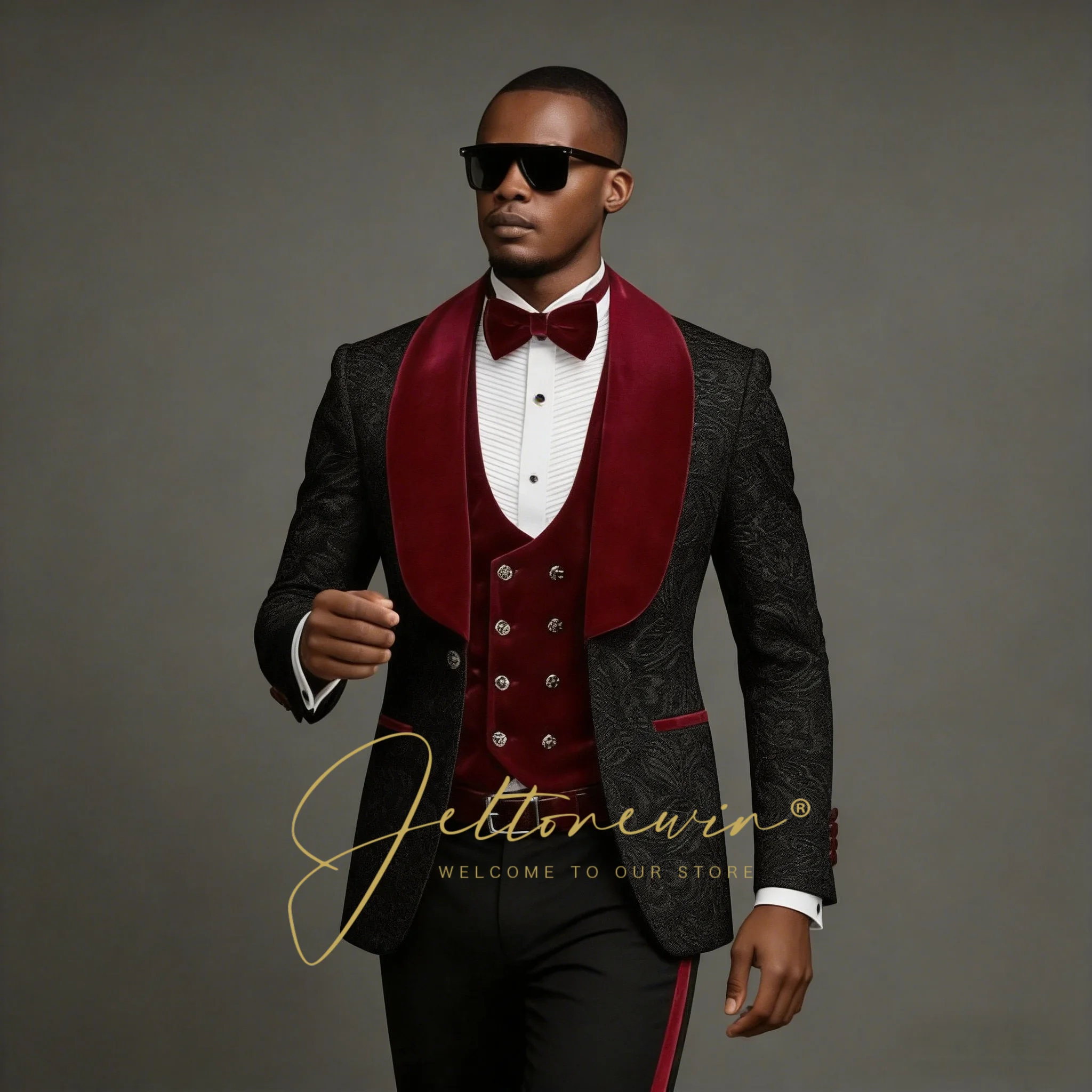

Fashion Designs Men Suits Groomsman Black Floral Jacket Burgundy Velvet Lapel Formal Groom Wear Wedding Party Dress Prom Tuxedos