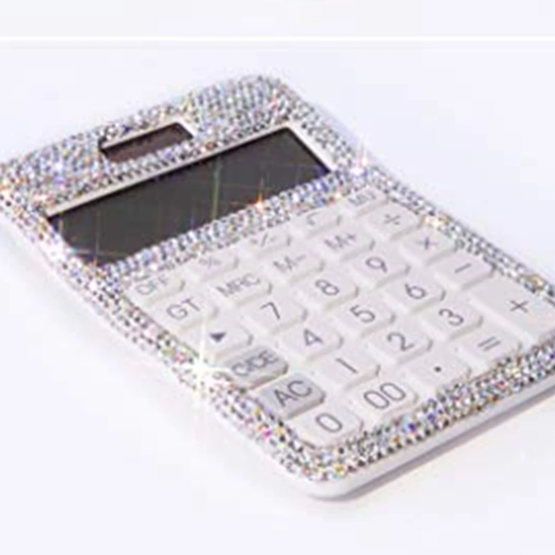 Calculator Rhinestone Crystal Dazzling 12 Digit Solar And Battery Dual Power LCD Display For Office, School White