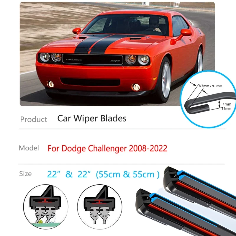 

2x для Dodge Challenger Coupe MK3 2008 ~ 20222, лезвия дворников, переднее окно, лобовое стекло, без костей, безрамная резиновая чистка