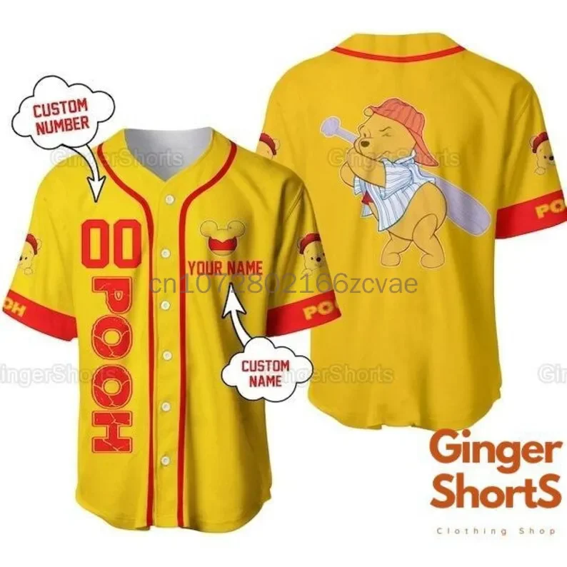 Disney New Winnie the Pooh Baseball Jersey Casual Mens Women Button Up Short Sleeve Jersey Disney Baseball Jersey Fashion Top