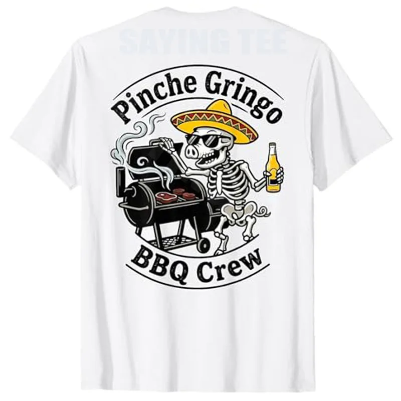 Camiseta Y2K de moda para hombre con estampado de cerdo esqueleto y cerveza de Pinche Gringo BBQ Crew (en la espalda), estilo estético de cocina y ahumador.