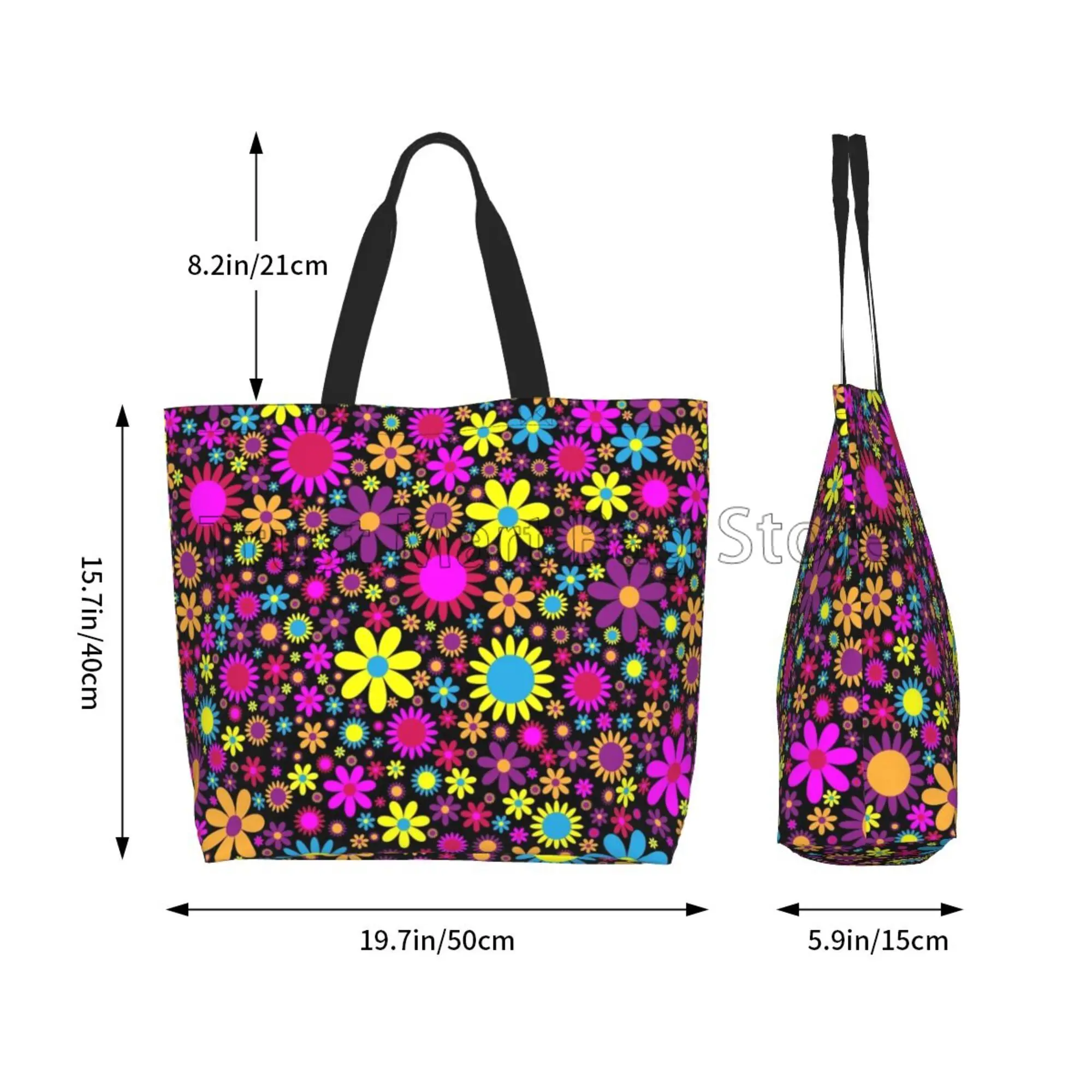 Hippie Flower Large Canvas Tote Bag Women Reusable Casual Shoulder Bag Handbag Multipurpose Shopping Travel Grocery Bag