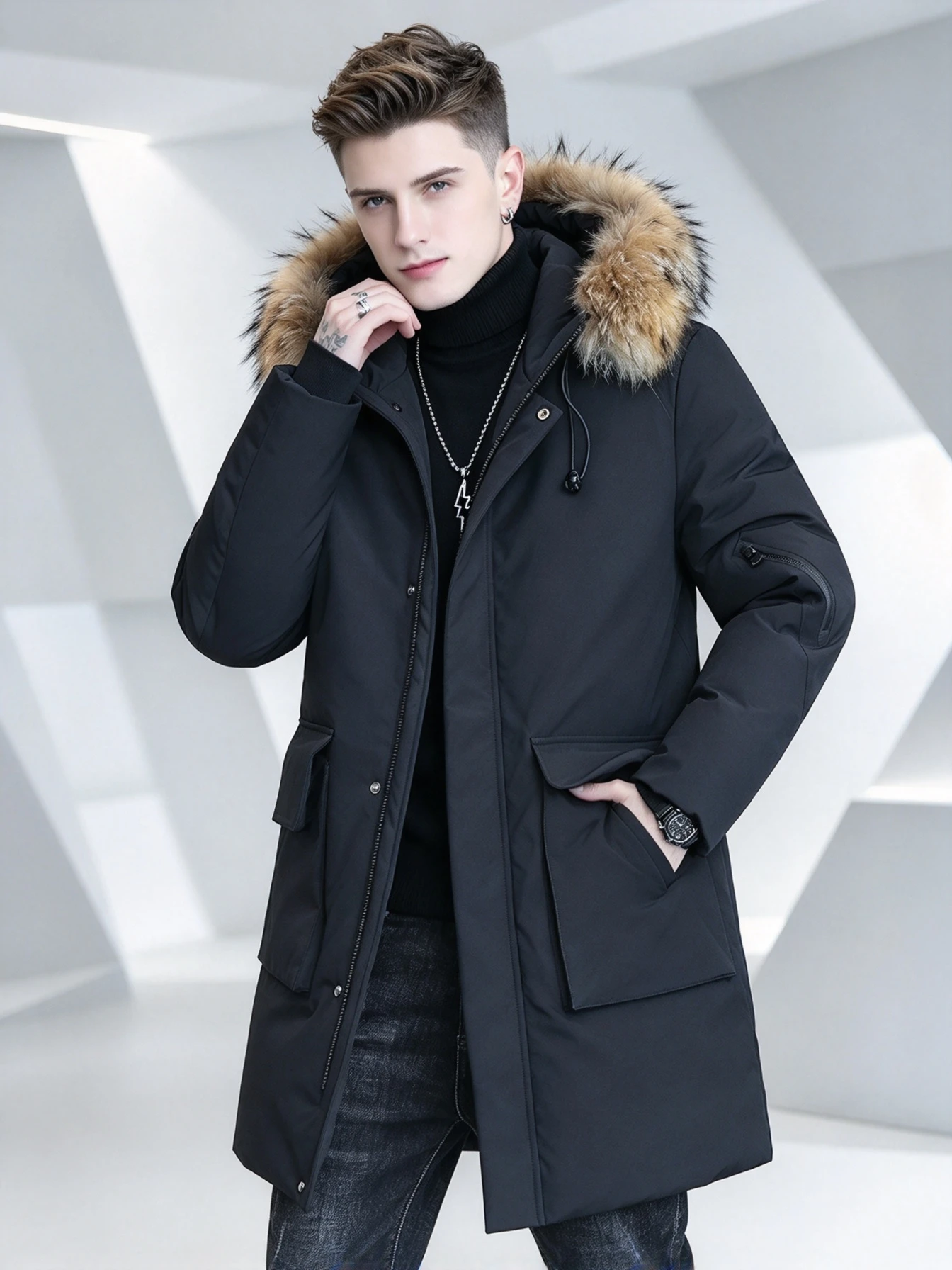 Black Men Mid Length Parka Jacket Large Fur Collar Hooded Thick Insulated Winter Coat Multi Cargo Pockets Wind Resistant Outdoor